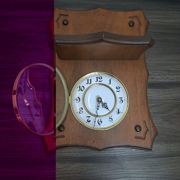 Vintage Quartz Wall Clock, Brown & Gold Wooden Wall Clock With Shelf 15"X11" - Picture 2 of 6